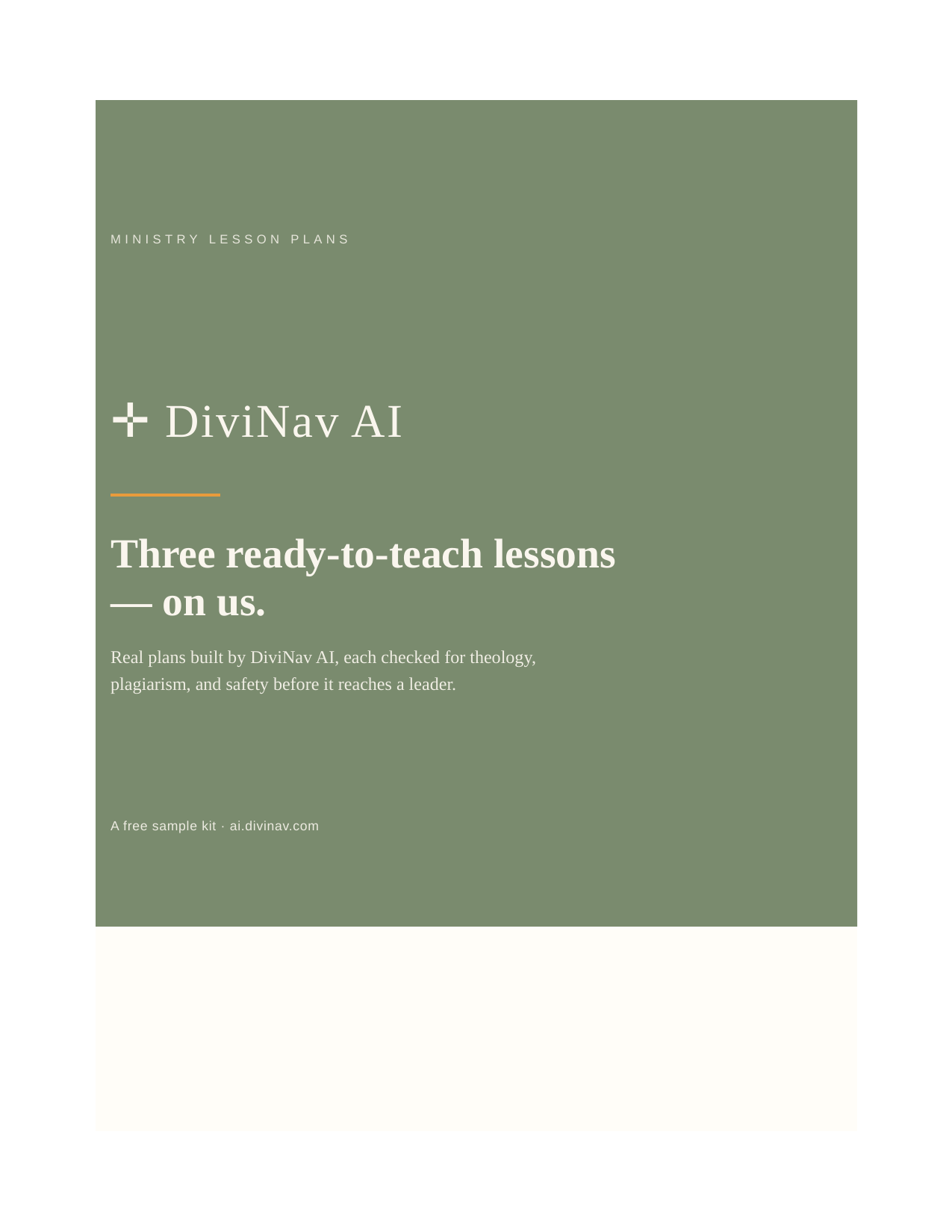 The DiviNav AI sample kit &mdash; three ready-to-teach ministry lesson plans