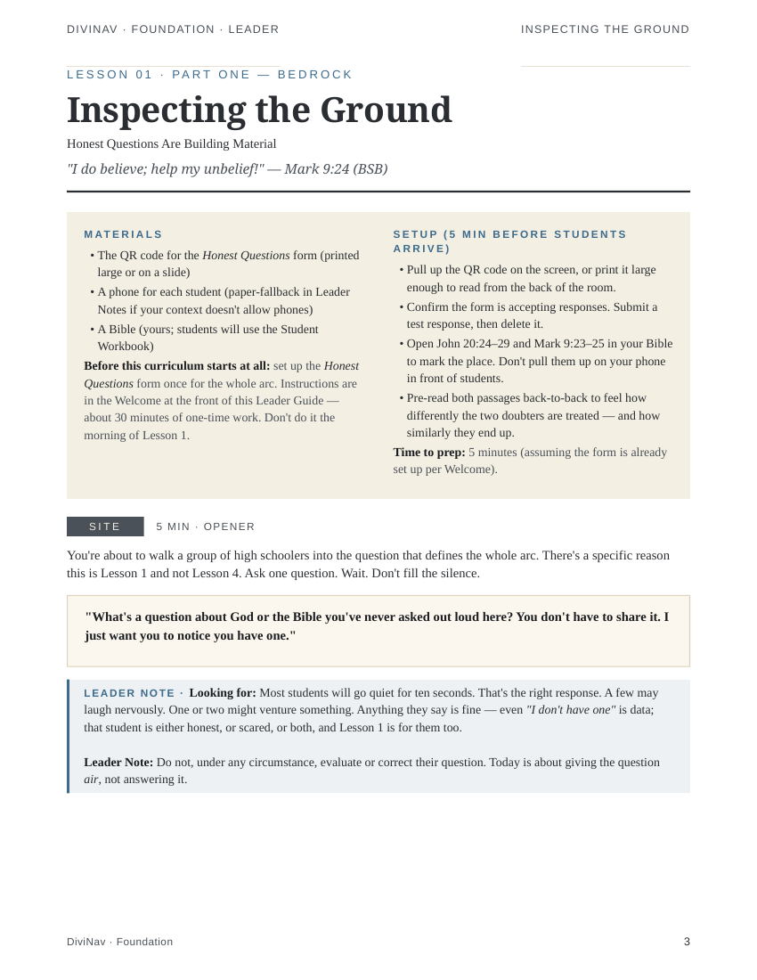 A real Foundation leader-guide page (Lesson 01, 'Inspecting the Ground') showing materials, the 5-minute setup, the opening discussion prompt, and a highlighted leader note.