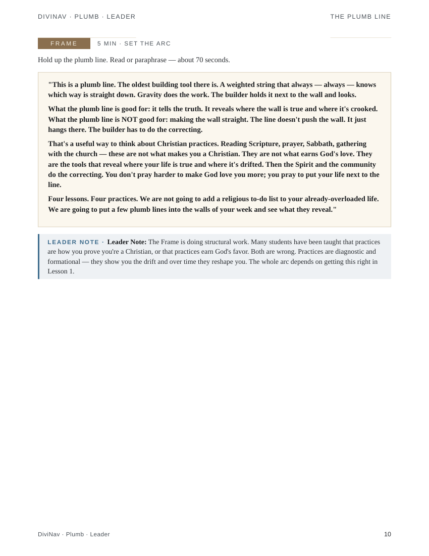 A sample page inside Plumb Lesson 1 &mdash; the leader guide