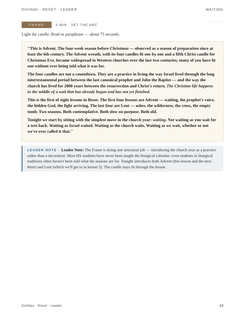A sample page inside Reset Lesson 1 &mdash; the leader guide