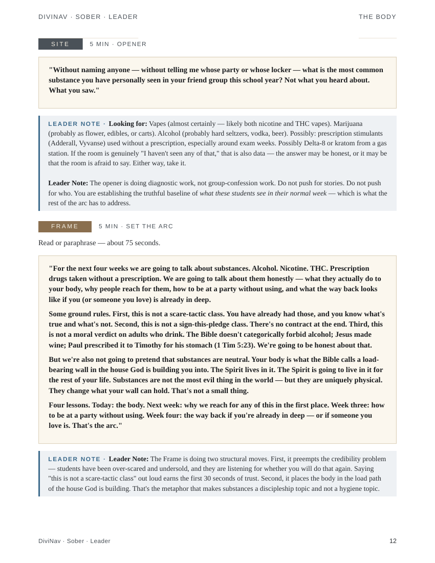 A sample page inside Sober Lesson 1 &mdash; the leader guide