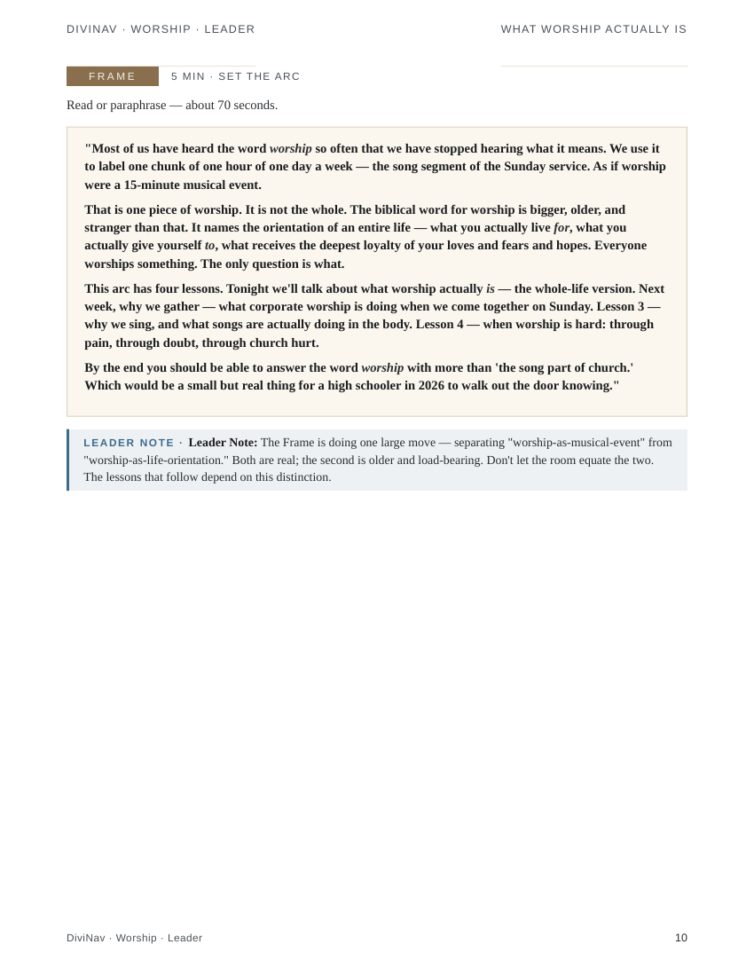 A sample page inside Worship Lesson 1 &mdash; the leader guide