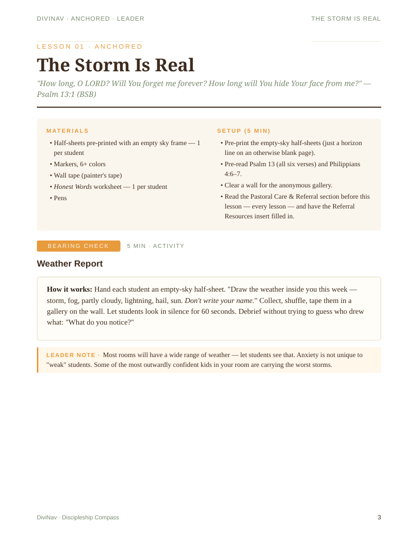 A sample page inside Anchored Lesson 1 &mdash; the leader guide