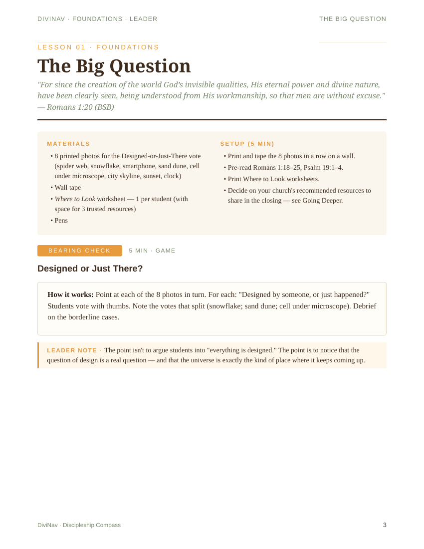 A sample page inside Foundations Lesson 1 &mdash; the leader guide