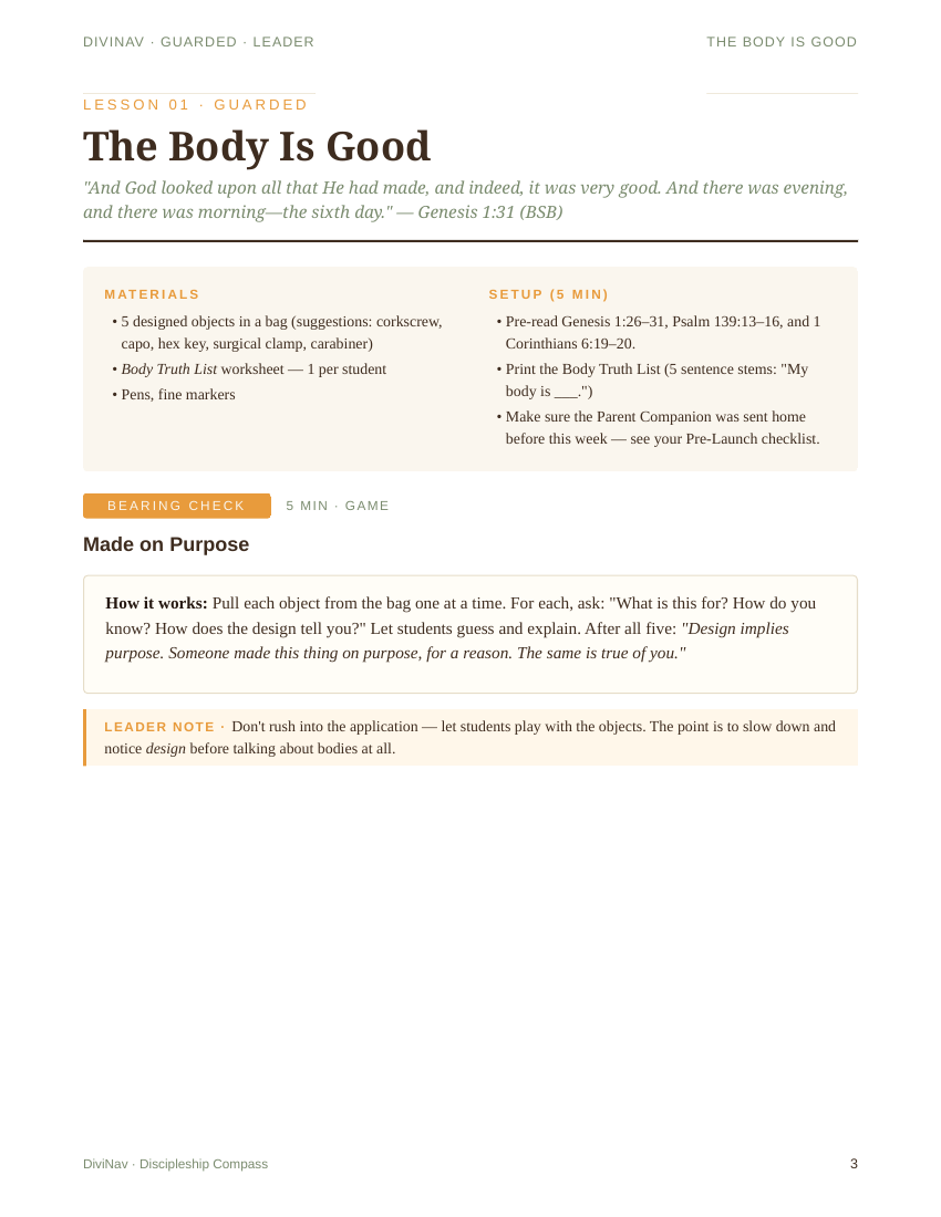 A sample page inside Guarded Lesson 1 &mdash; the leader guide