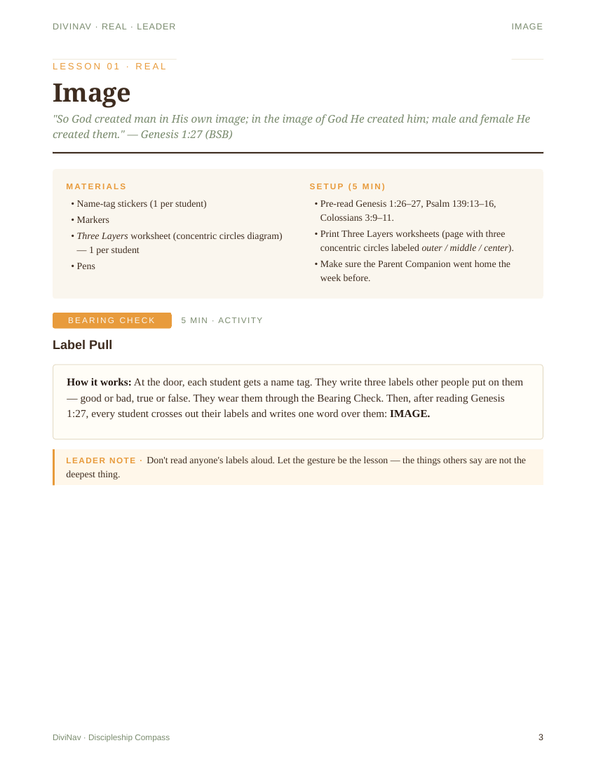 A sample page inside Real Lesson 1 — the leader guide