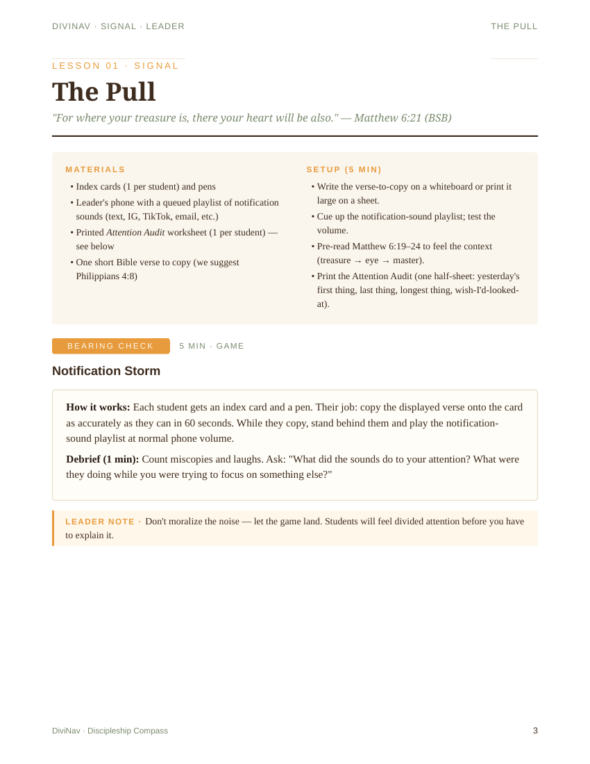 A sample page inside Signal Lesson 1 &mdash; the leader guide