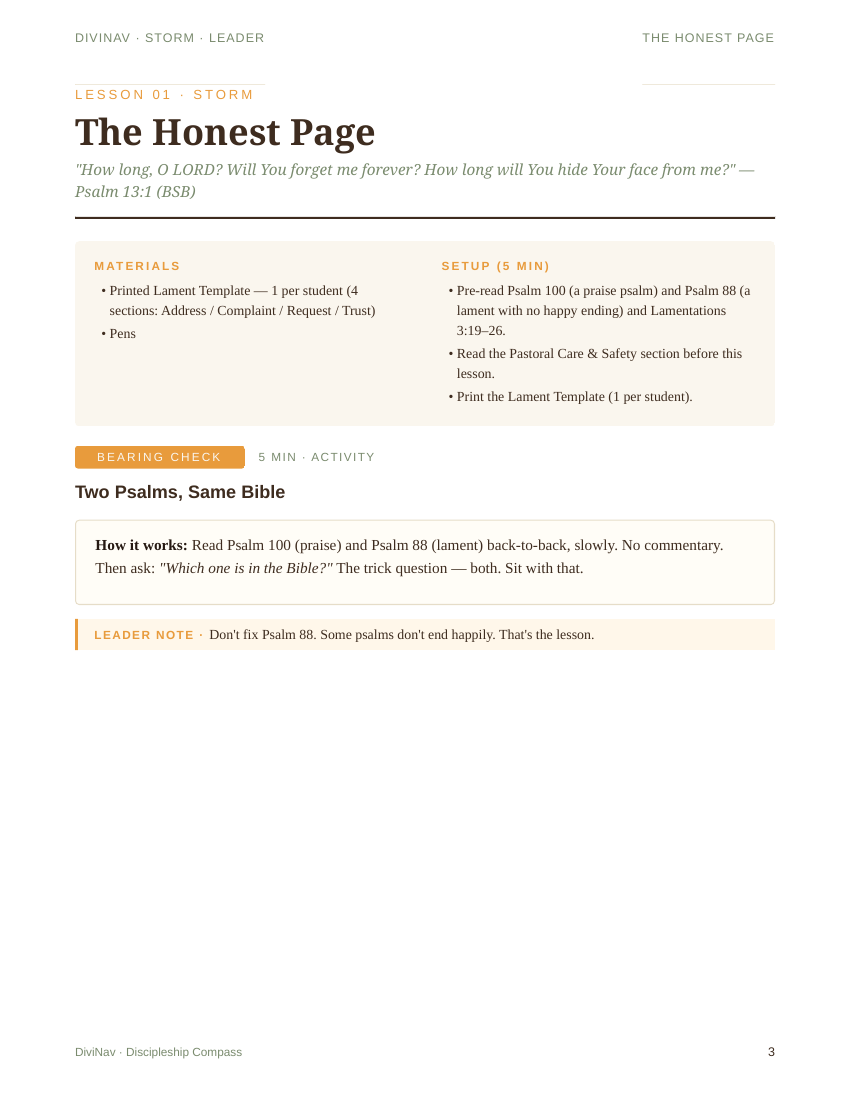 A sample page inside Storm Lesson 1 &mdash; the leader guide