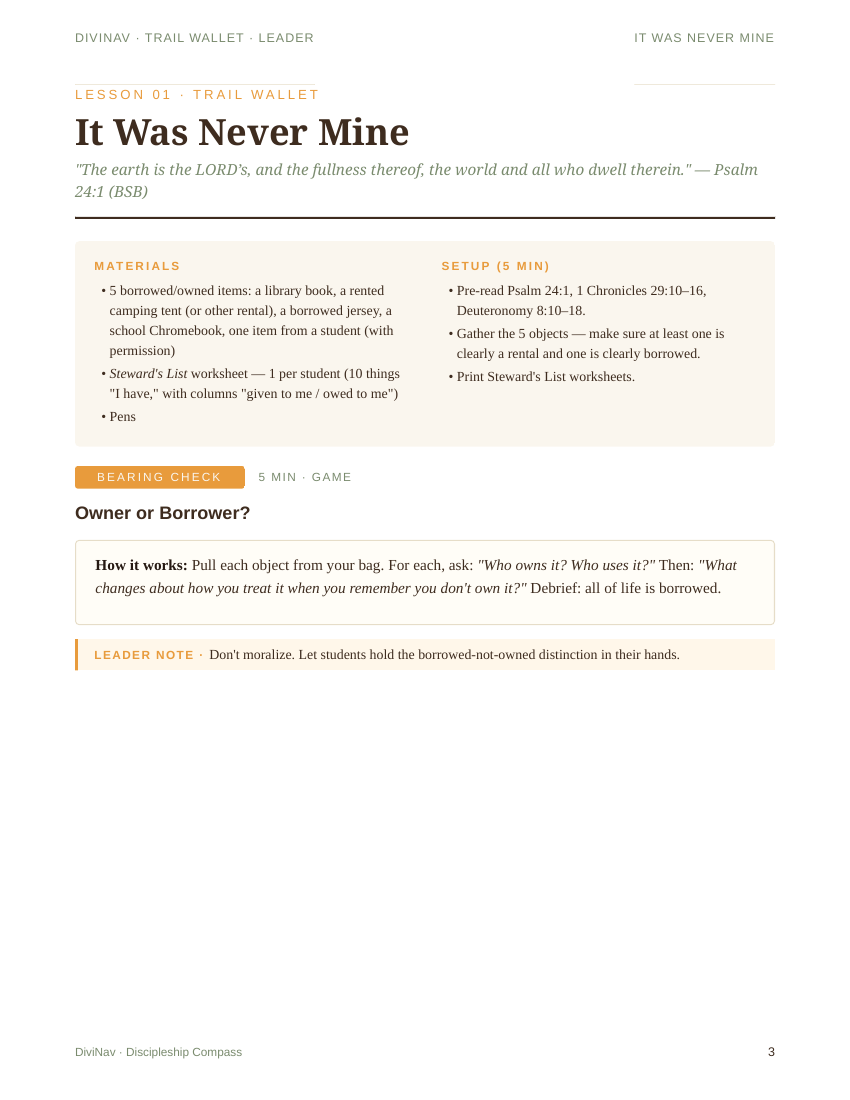 A sample page inside Trail Wallet Lesson 1 — the leader guide