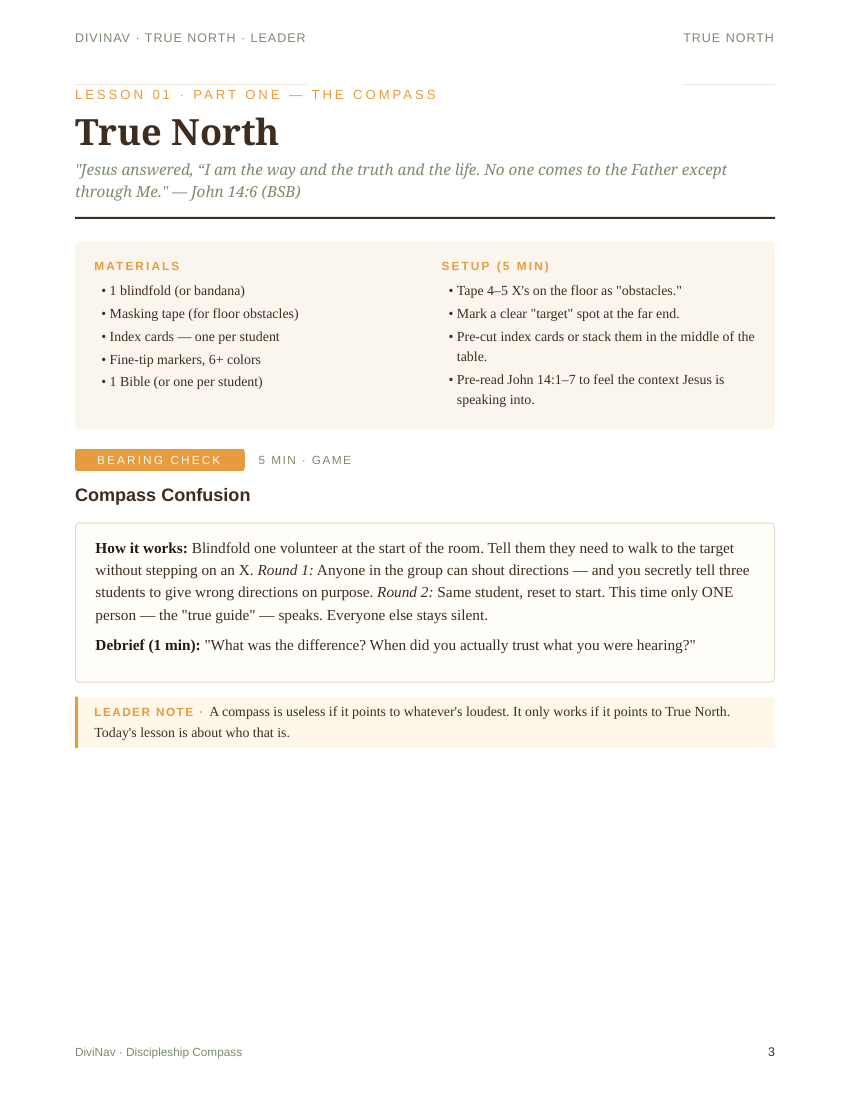 A real True North leader-guide page (Lesson 01, 'The Compass') showing the materials checklist, opening game, and leader notes.